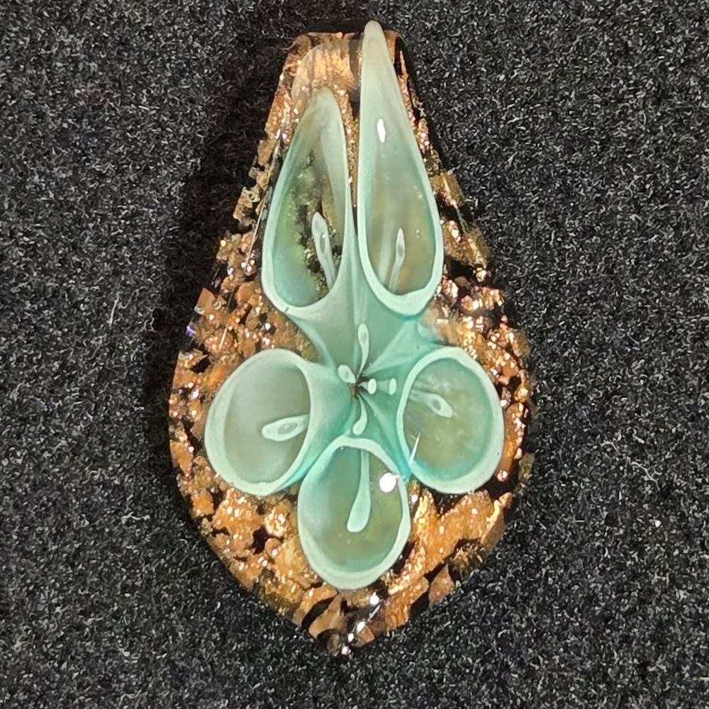 Artisan Lampwork Glass Pendant Teal Floral Implosion Goldstone‎  Teardrop